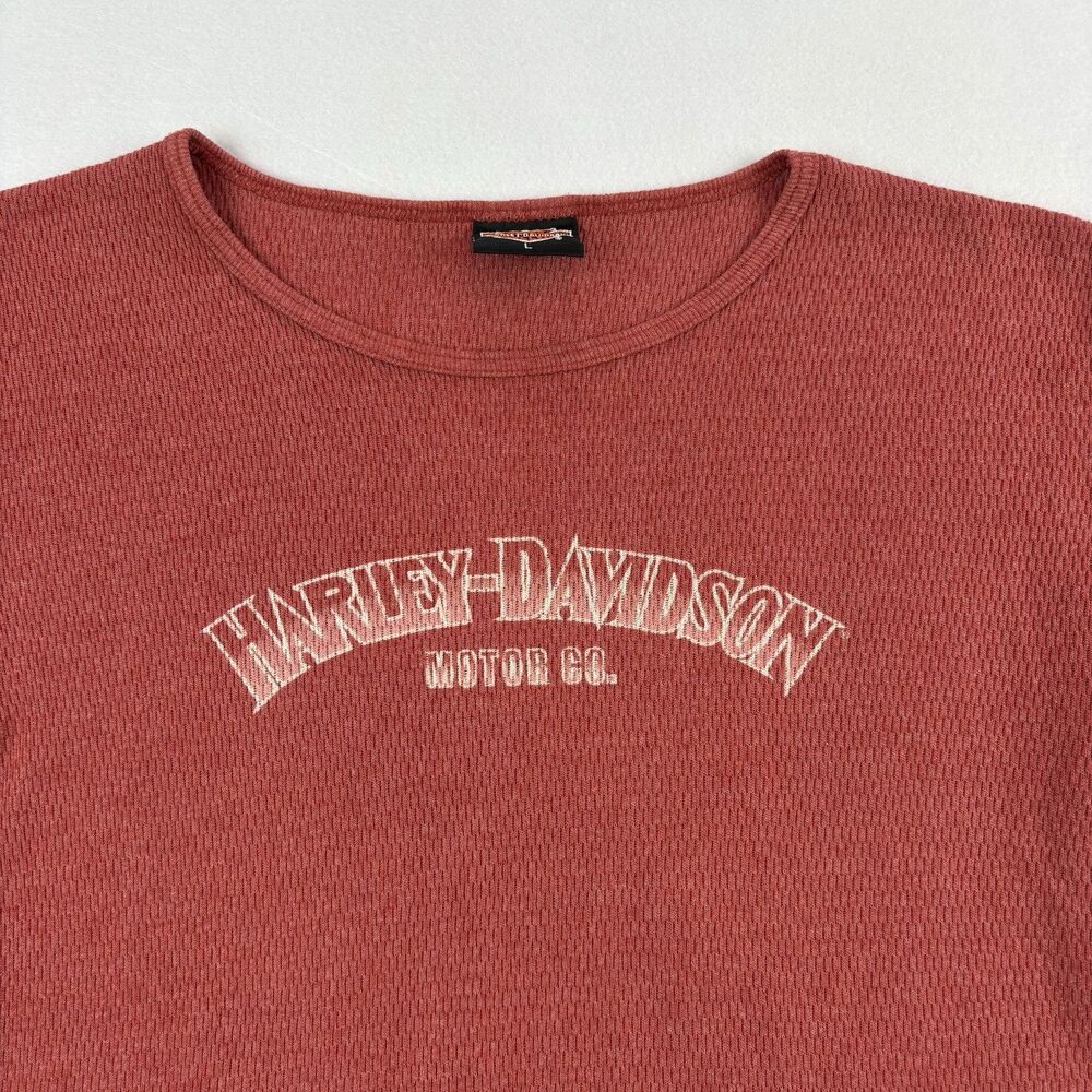 Harley Davidson Cropped T Shirt Womens L Red Waffle Knit Short Sleeve Highland